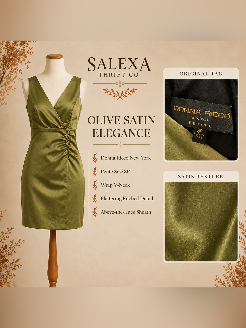 Donna Ricco Olive Satin Ruched Wrap V-Neck Mini Dress